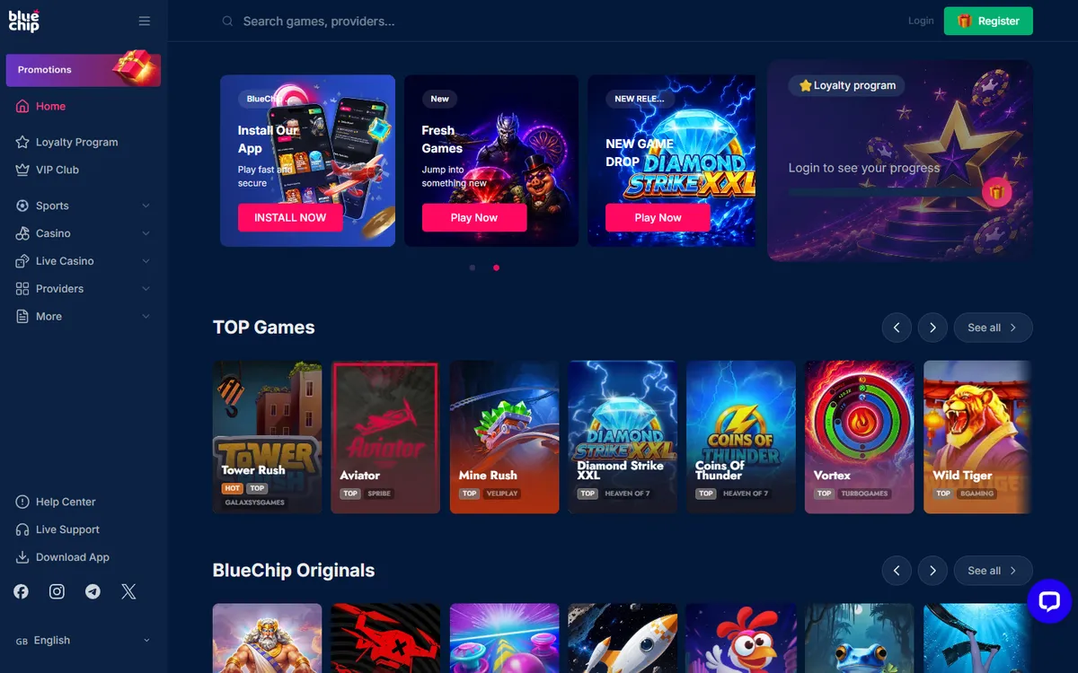 BlueChip Casino — Home page, captured from Canada