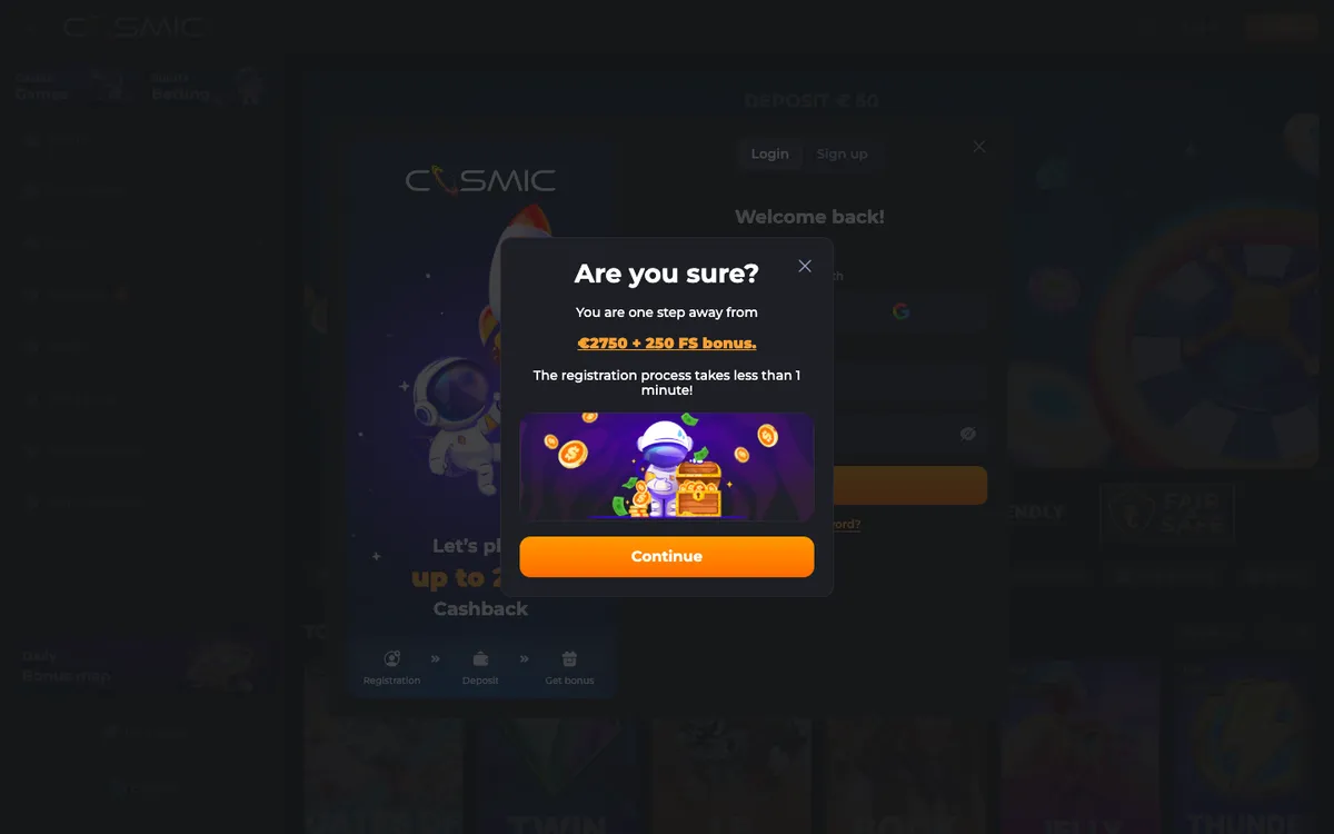 CosmicSlot Casino — «Регистрация», снято из страны Япония