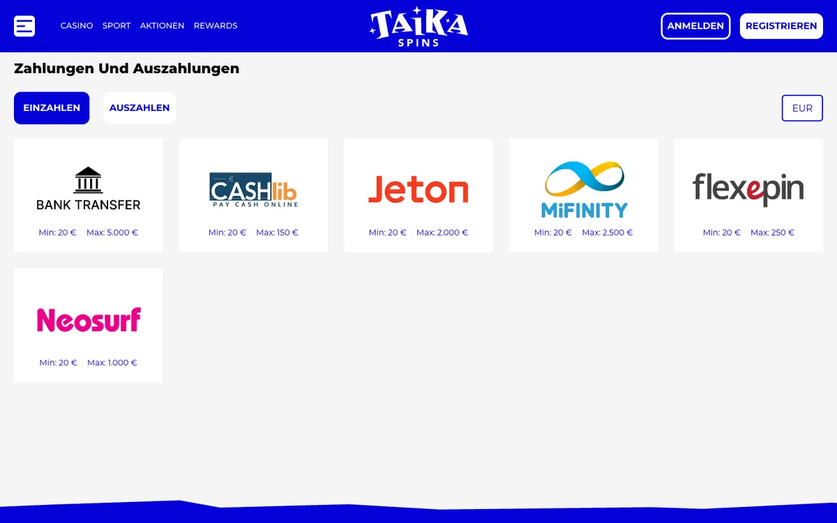 Taikaspins Casino — «Платежи», снято из страны Германия