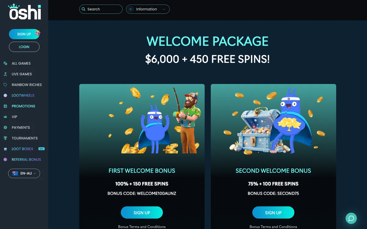 Oshi Casino — «Акции», снято из страны Австралия