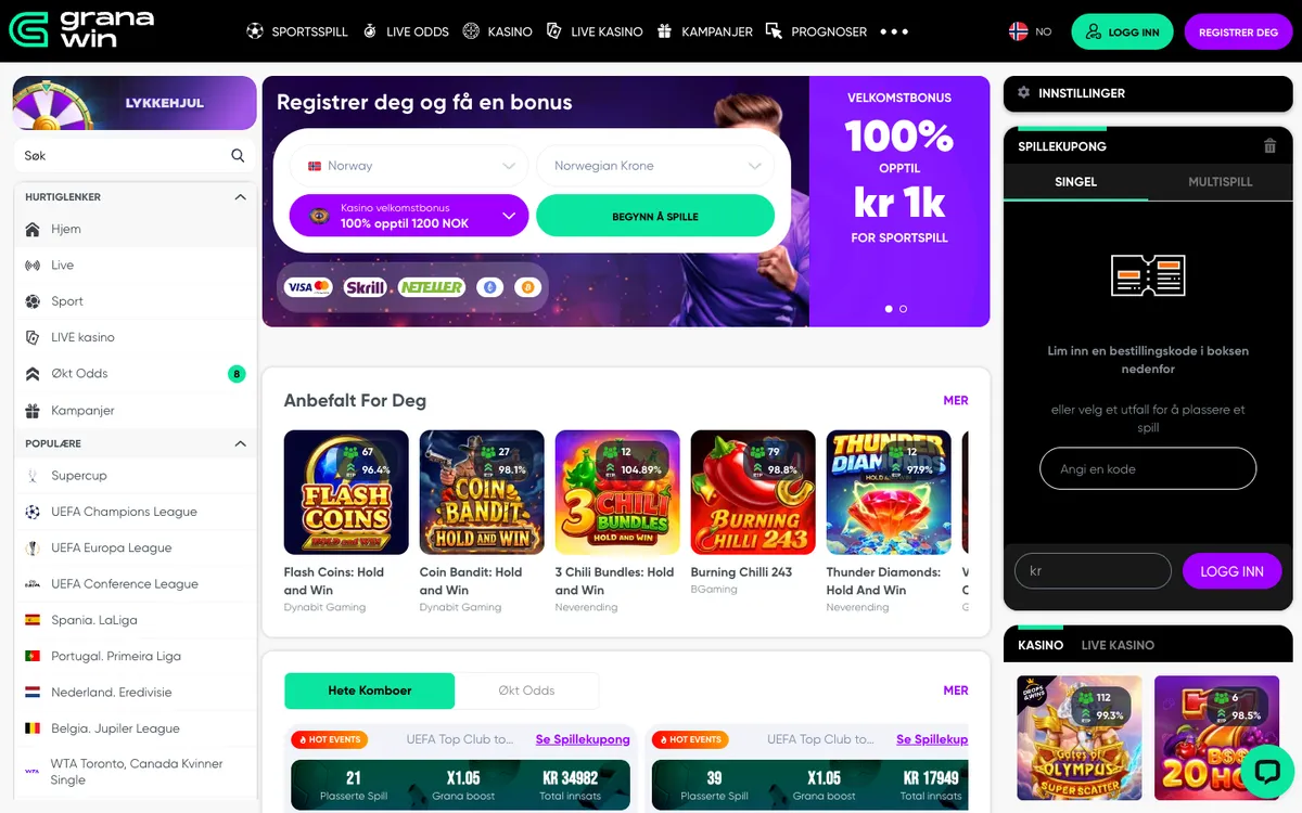 GranaWin Casino — Home page, captured from Norway