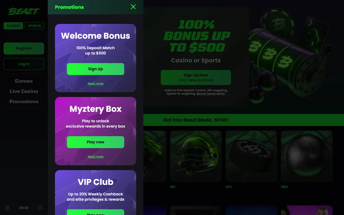 Beazt Casino — Promotions, captured from Canada