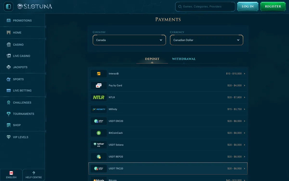 Slotuna Casino — «Платежи», снято из страны Канада