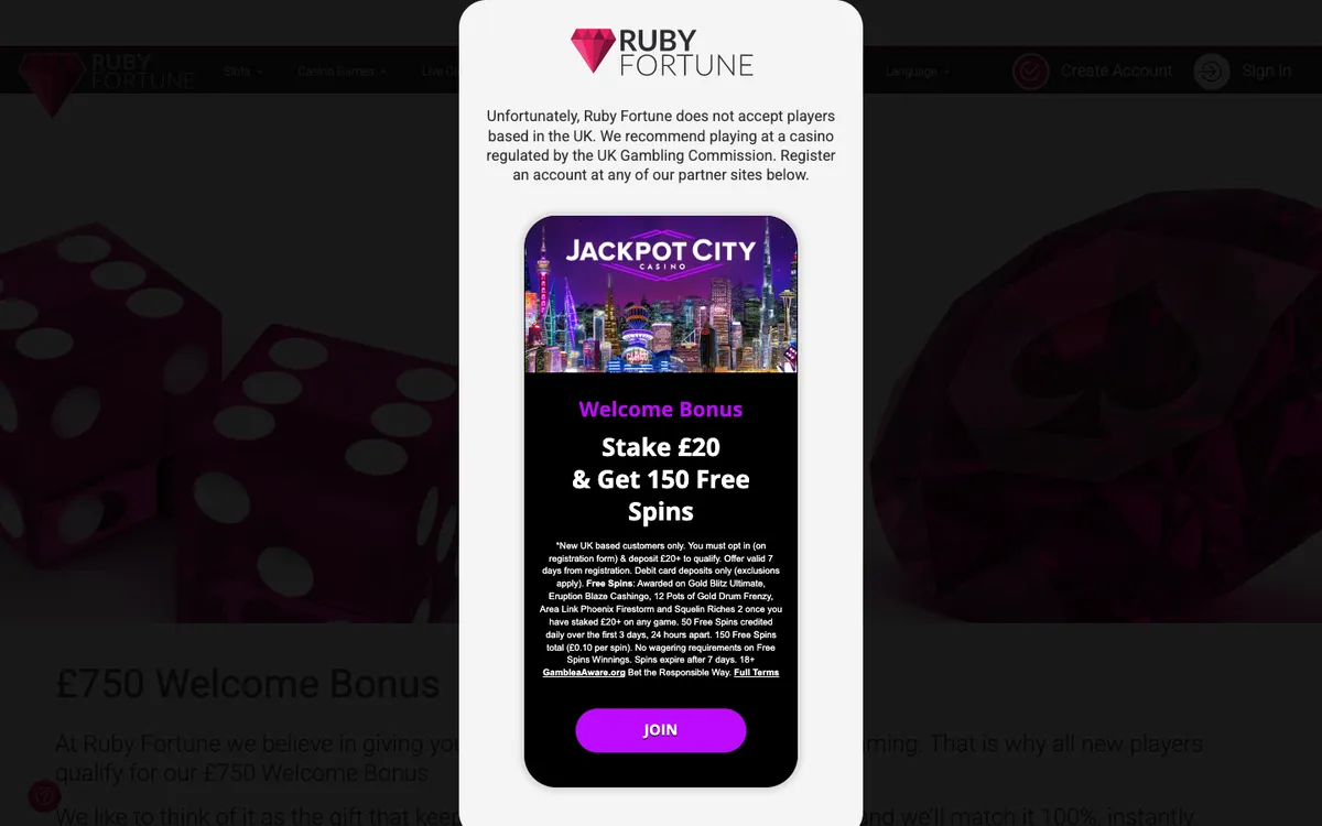 Ruby Fortune Casino — Promotions, captured from United Kingdom