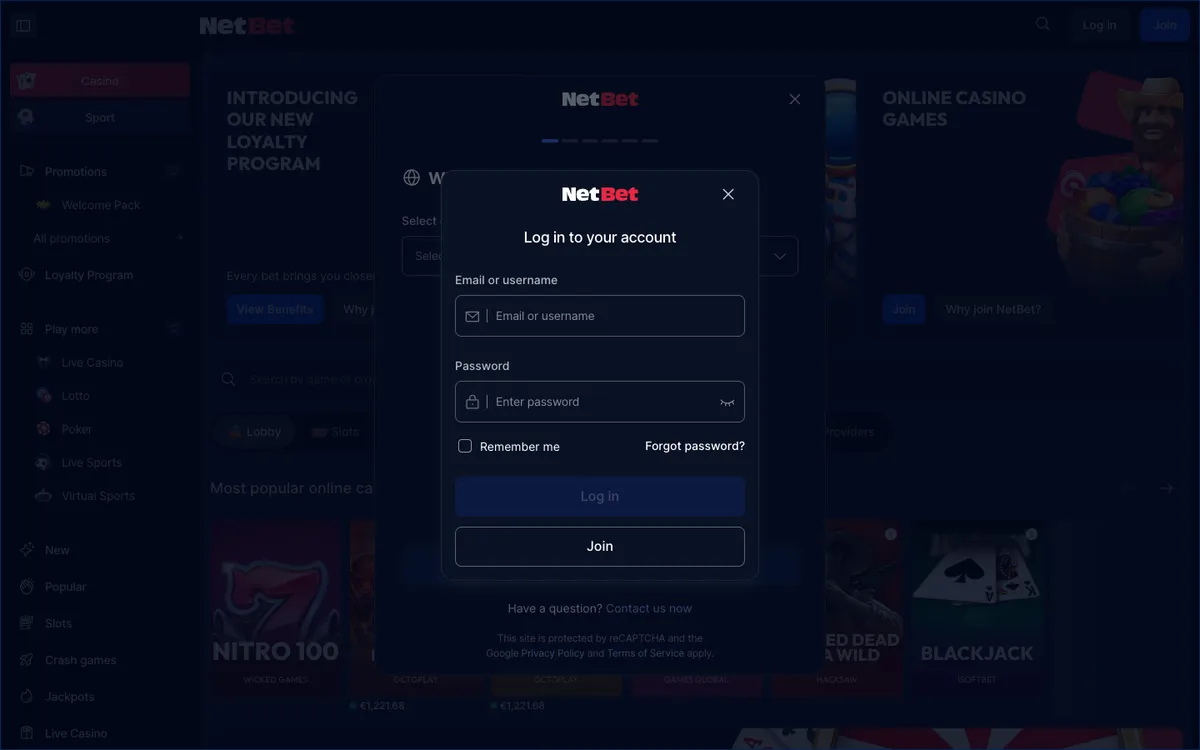 NetBet Casino — Sign-up, captured from Belgium