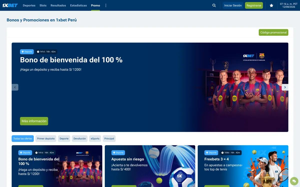 1xBet Casino — Promotions, captured from Peru
