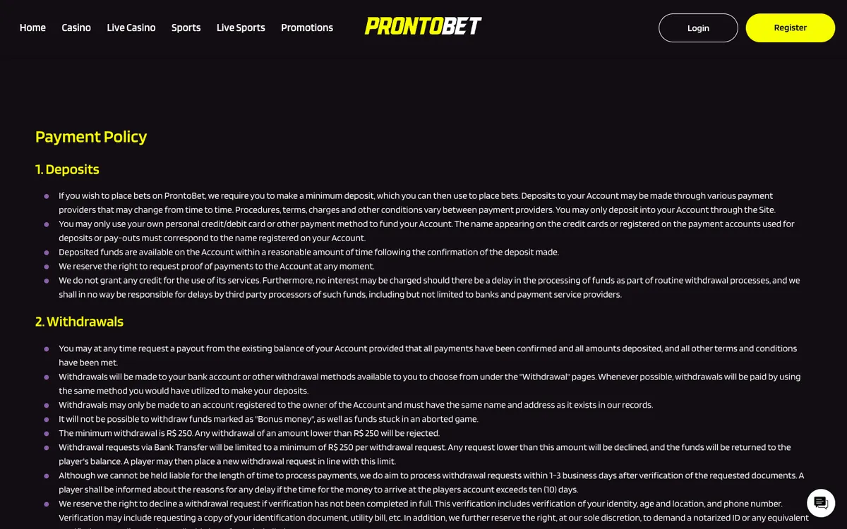 ProntoBet Casino — Payments, captured from Estonia