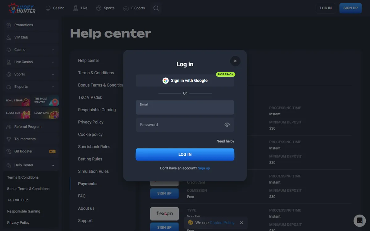 Lucky Hunter Casino — Sign-up, captured from Canada