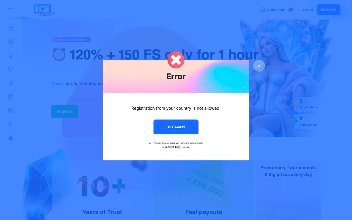 Ice Casino — Sign-up, captured from Japan