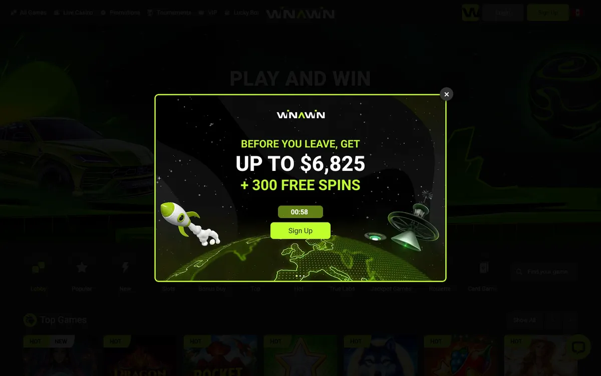 Winawin Casino — «Регистрация», снято из страны Канада