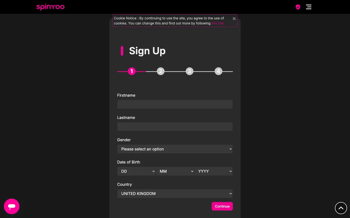 SpinYoo Casino — Sign-up, captured from United Kingdom