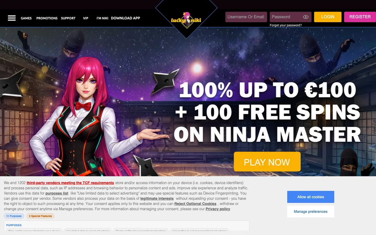 LuckyNiki Casino — «Главная», снято из страны Австралия