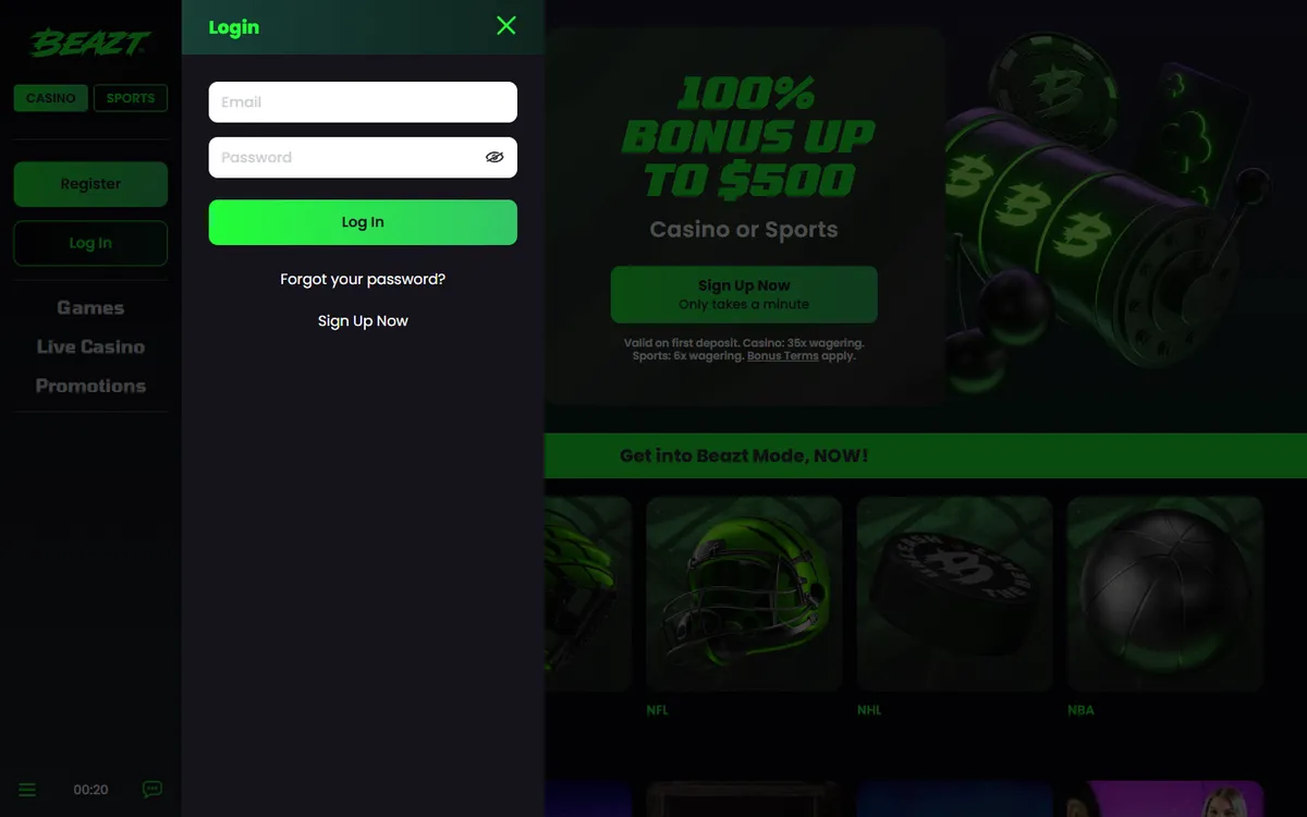 Beazt Casino — Sign-up, captured from Canada