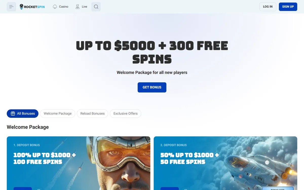 Rocket Spin Casino — «Акции», снято из страны Канада