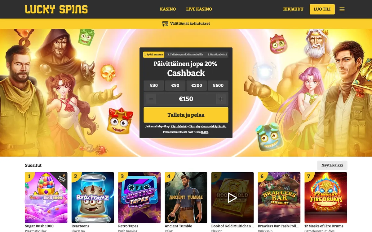 Lucky Spins Casino — Home page, captured from Finland