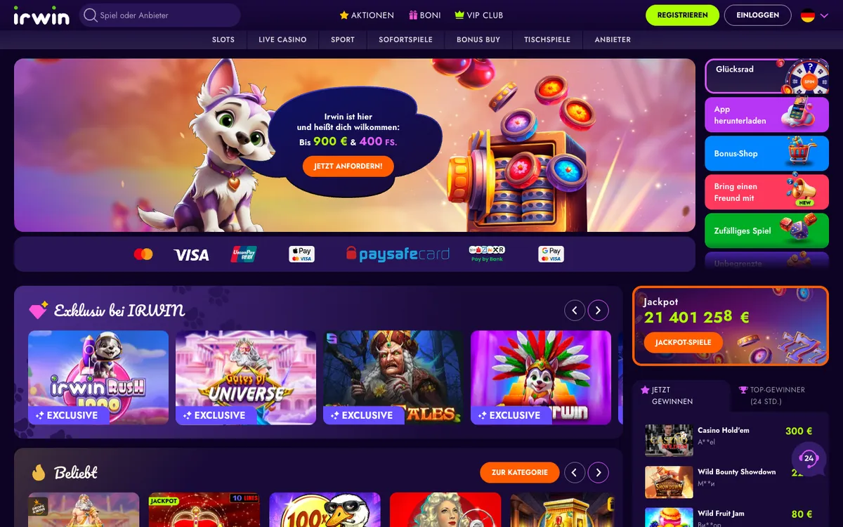 Irwin Casino — Home page, captured from Austria