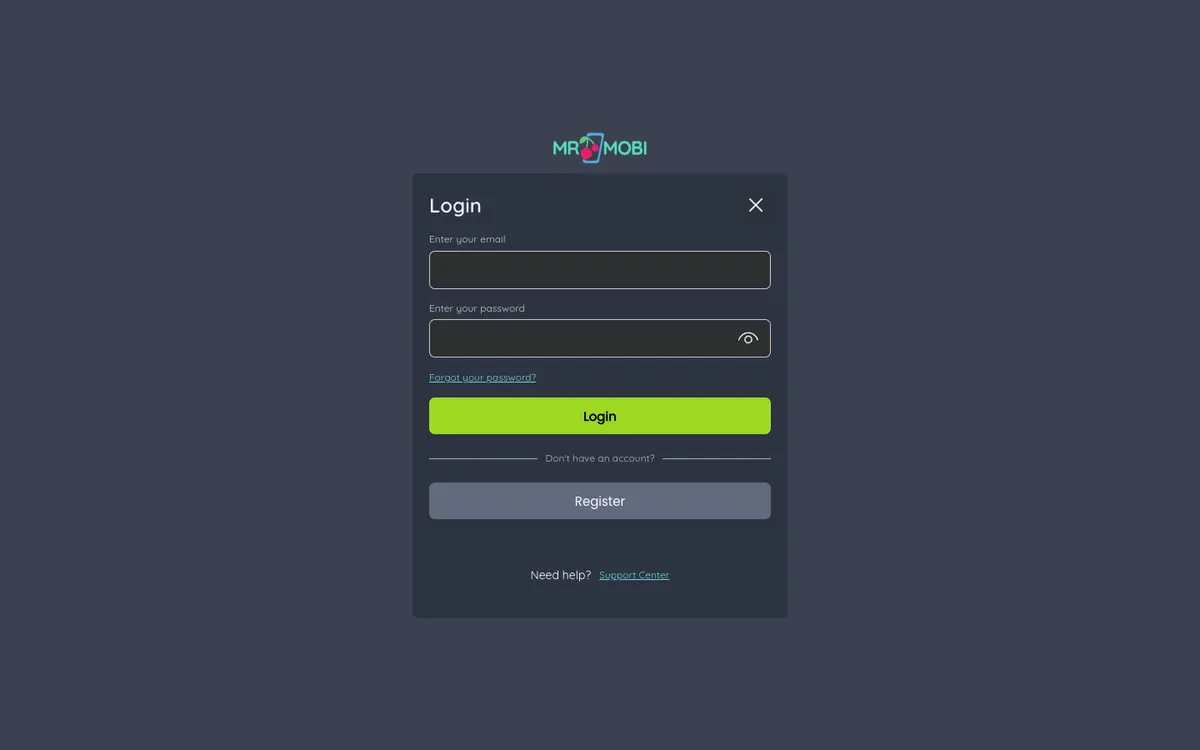 Mr Mobi Casino — «Регистрация», снято из страны Великобритания