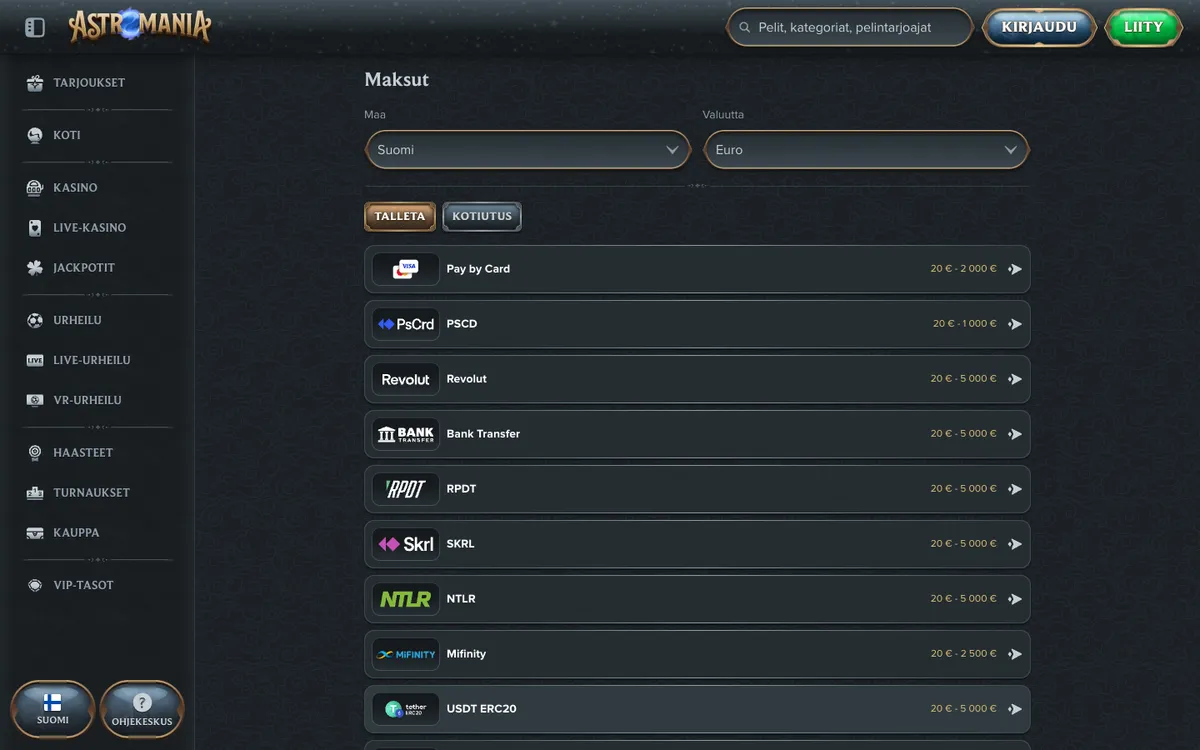 AstroMania Casino — Payments, captured from Finland
