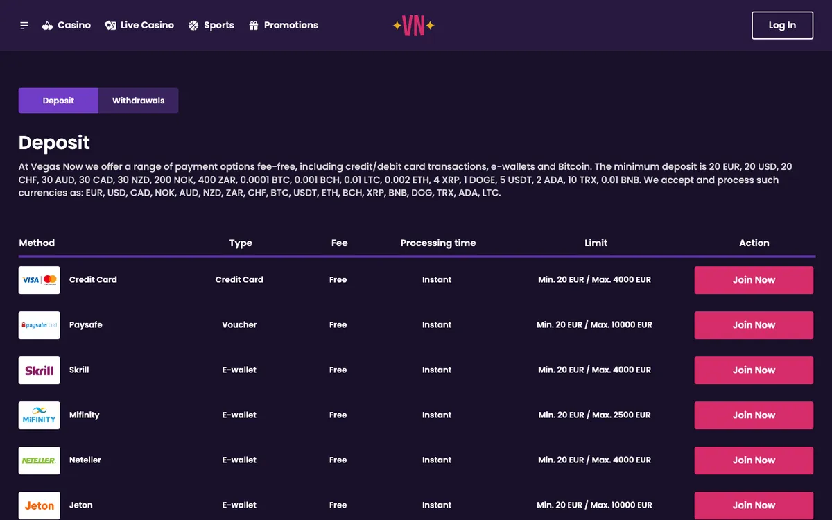 Vegas Now Casino — Payments, captured from Germany