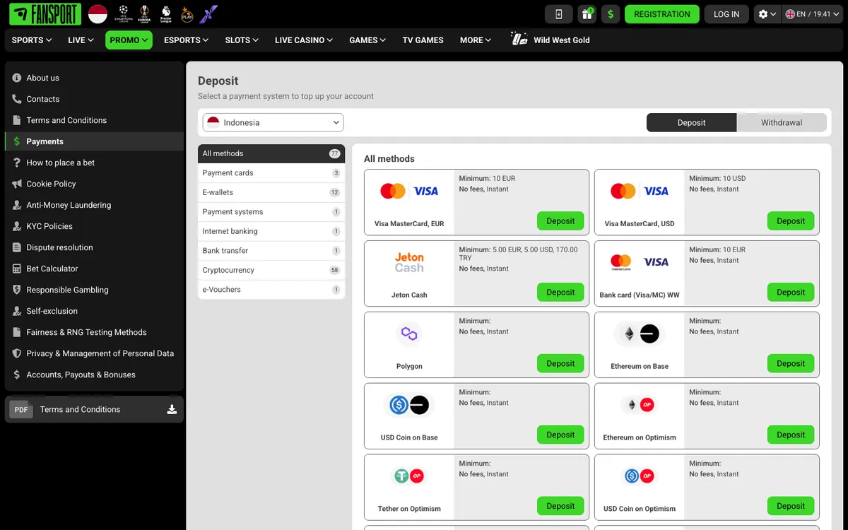 Fansport Casino — Payments, captured from Indonesia