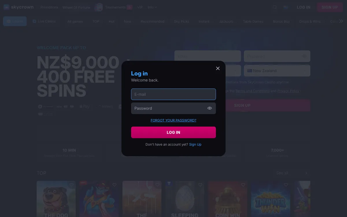Skycrown Casino — «Регистрация», снято из страны Новая Зеландия