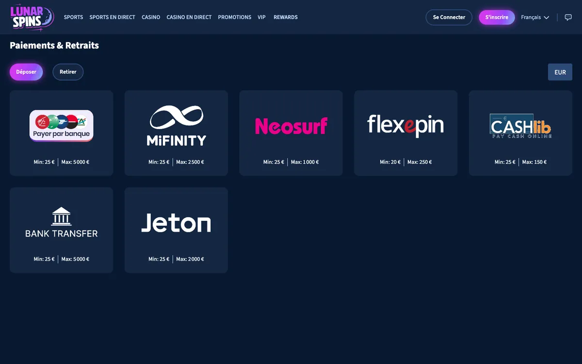 Lunarspins Casino — Payments, captured from France