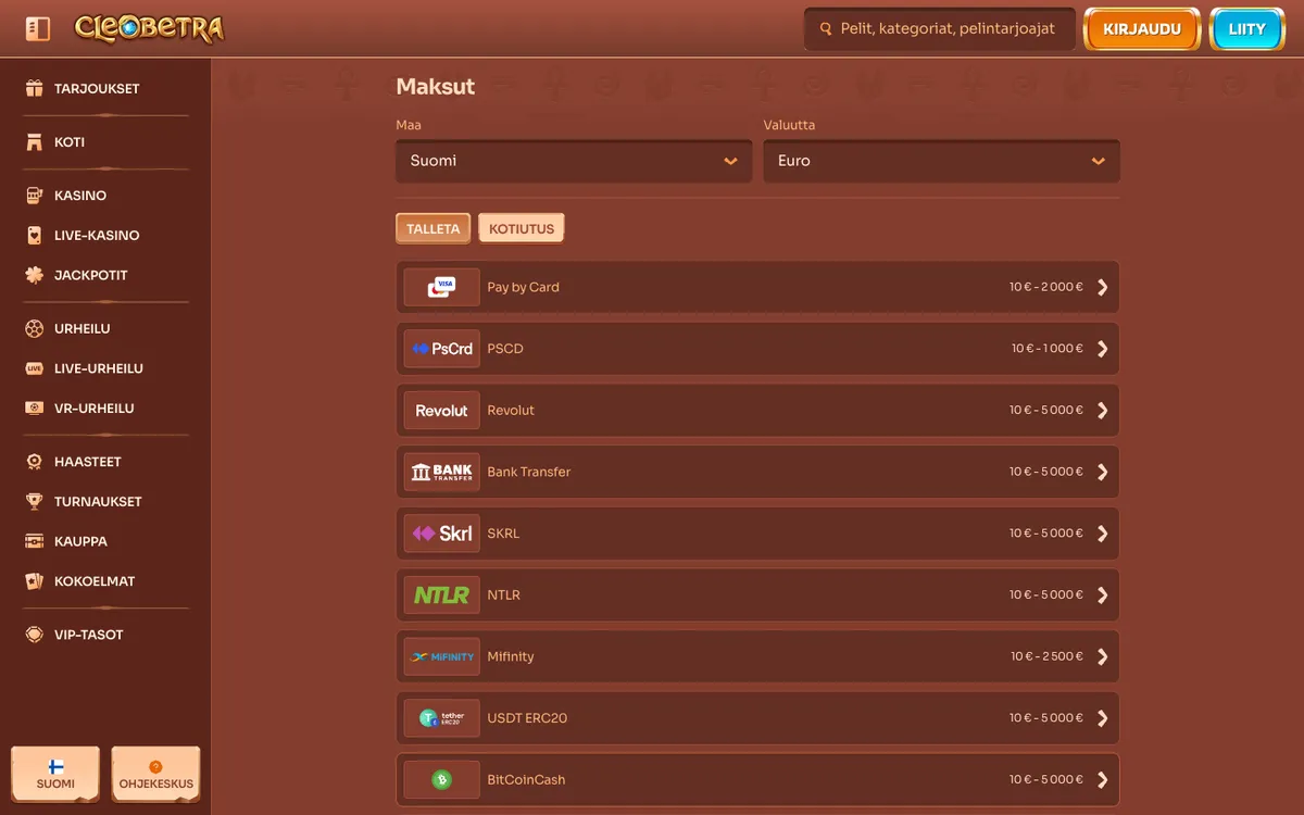 Cleobetra Casino — Payments, captured from Finland