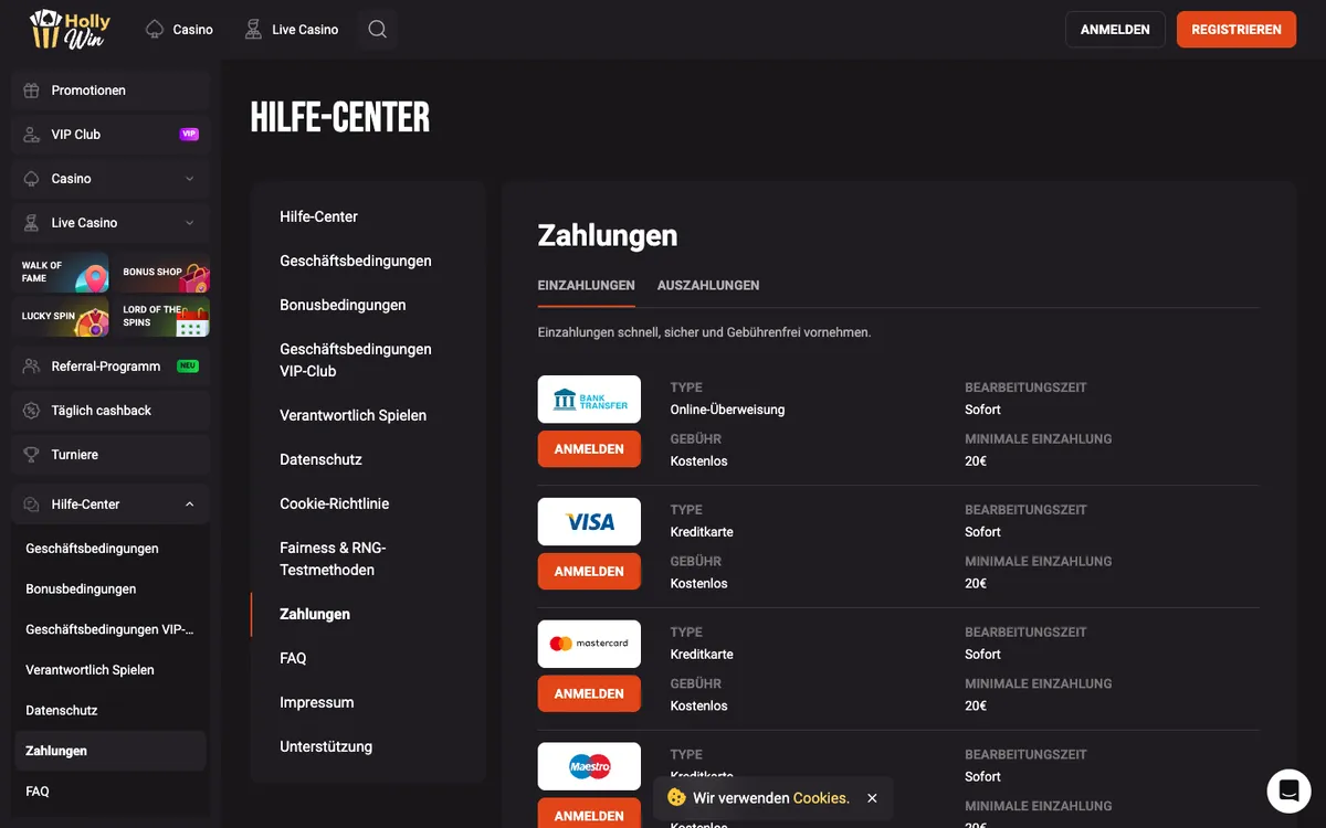 HollyWin Casino — Payments, captured from Switzerland