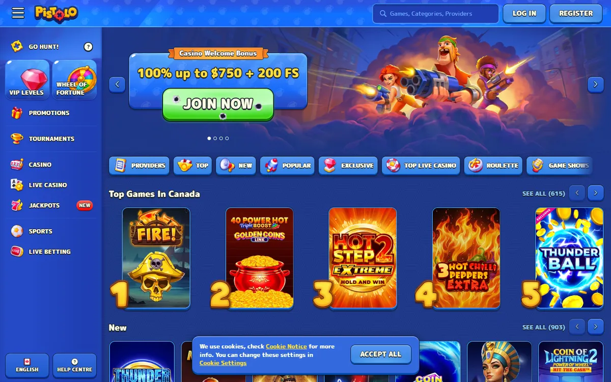 Pistolo Casino — Home page, captured from Canada
