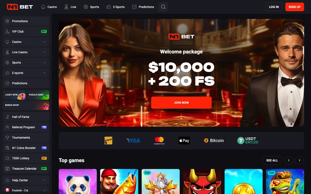 N1Bet Casino — «Главная», снято из страны Канада