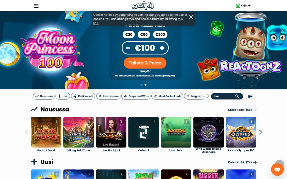 Casiku Casino — Home page, captured from Finland