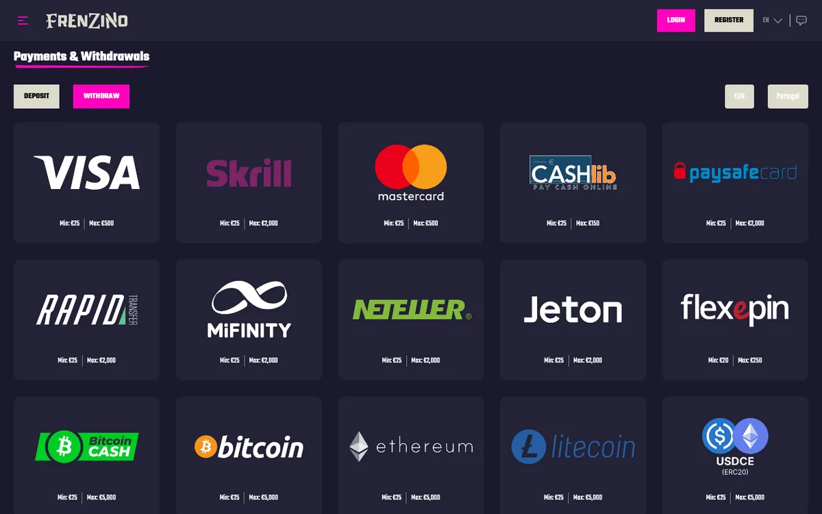 Frenzino Casino — Payments, captured from Portugal