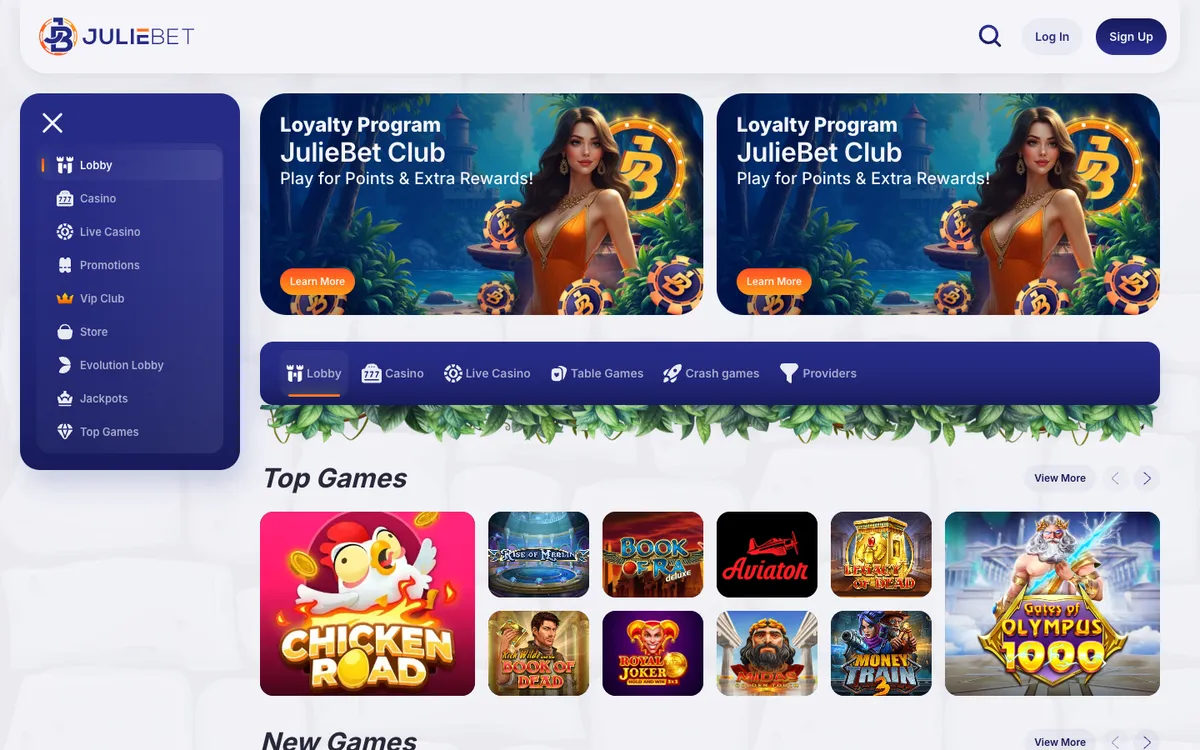 Juliebet Casino — Home page, captured from New Zealand