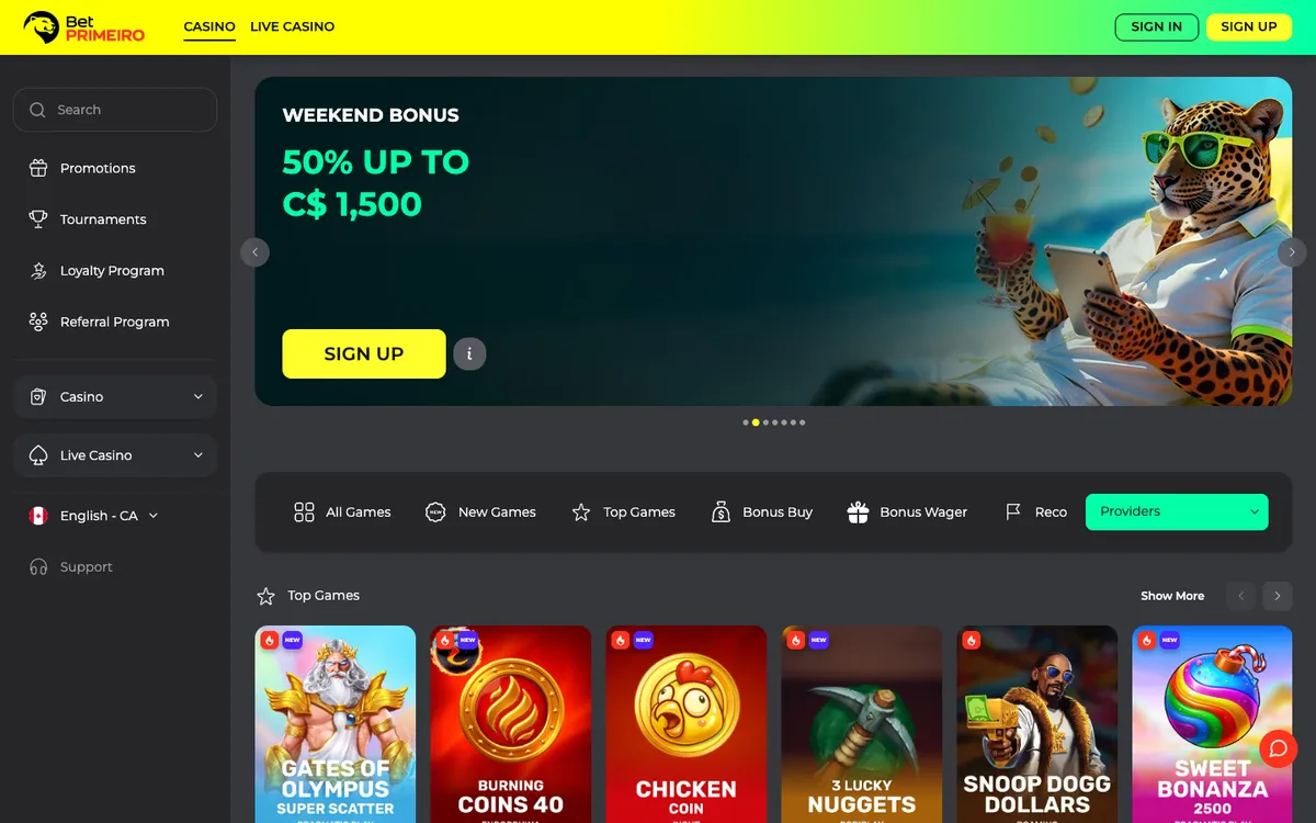 BetPRIMEIRO Casino — Home page, captured from Canada