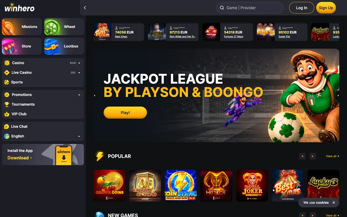 Winhero Casino — Home page, captured from Czechia