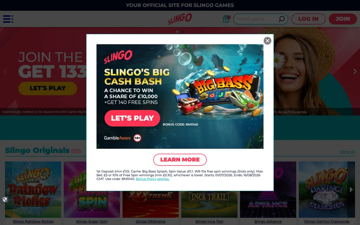 Slingo Casino — Home page, captured from France