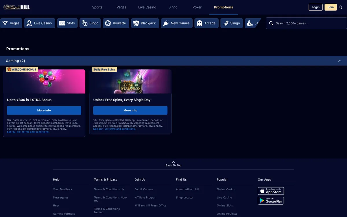 William Hill Vegas — Promotions, captured from Slovenia