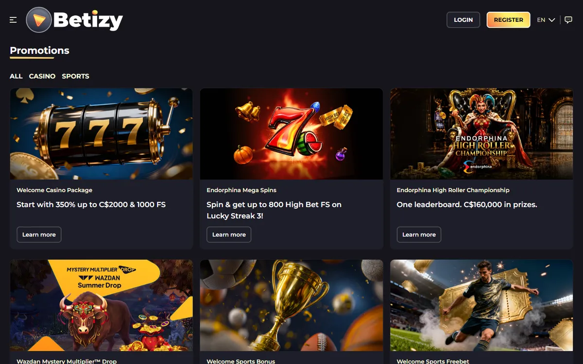 Betizy Casino — Promotions, captured from Canada