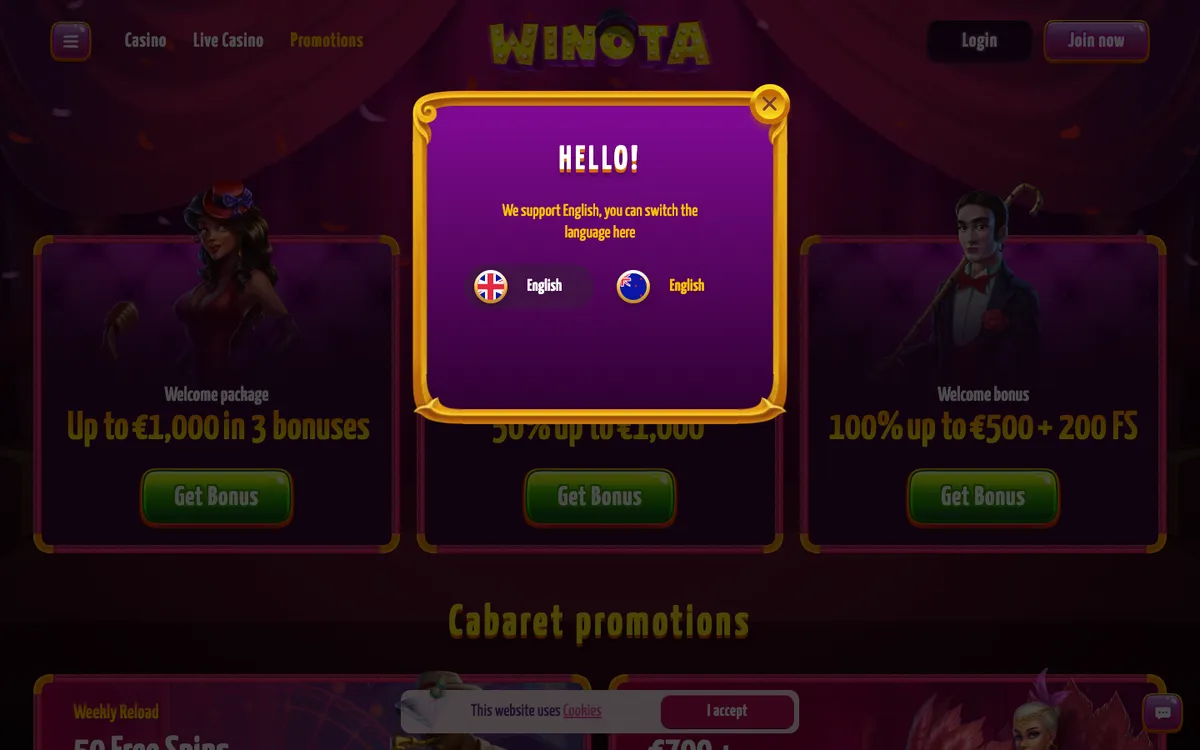 Winota Casino — Promotions, captured from New Zealand