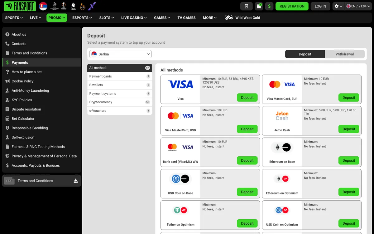 Fansport Casino — Payments, captured from Serbia