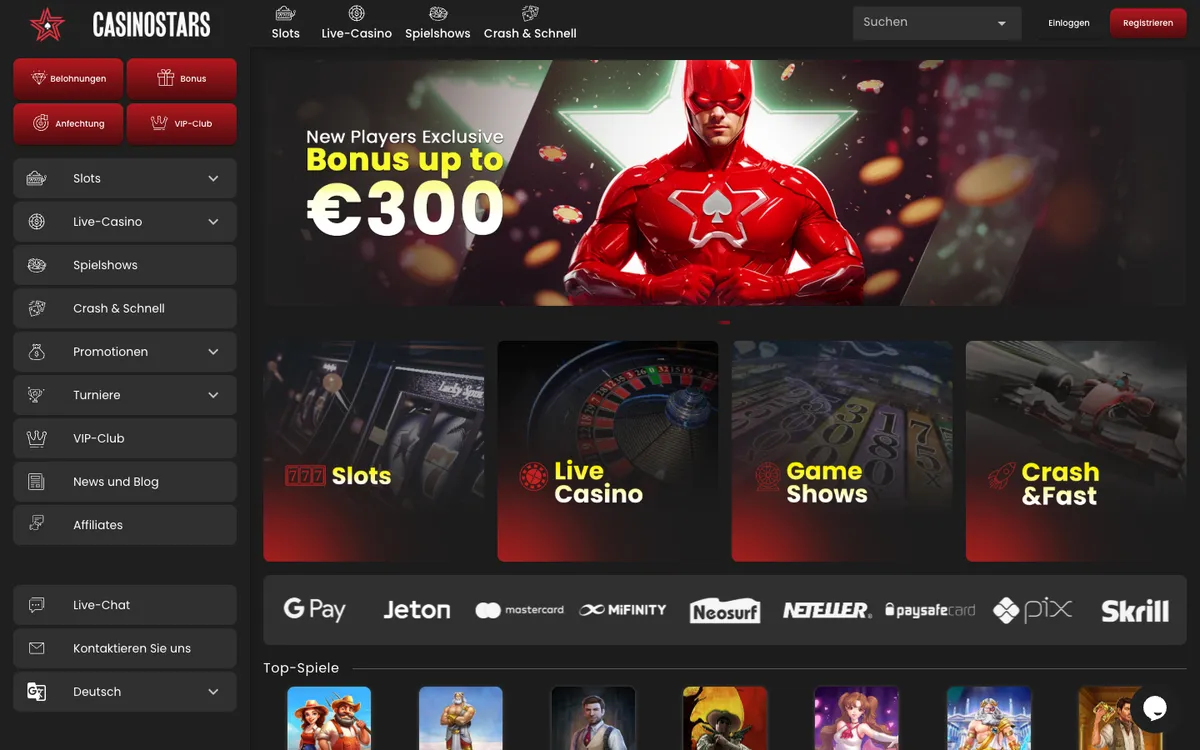 Casinostars.io — Home page, captured from Austria