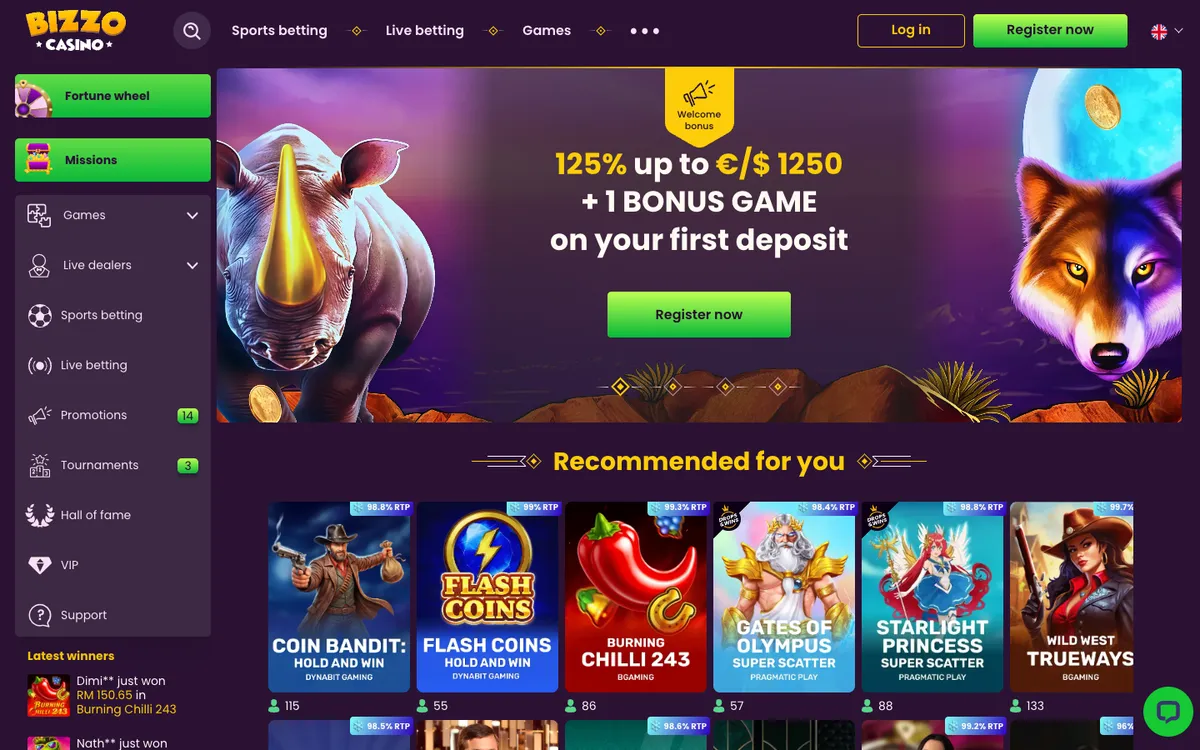 Bizzo Casino — Home page, captured from Malaysia