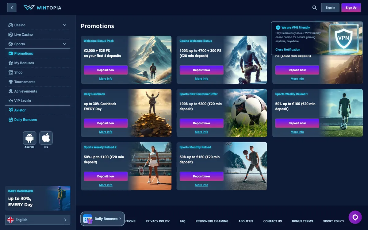 Wintopia Casino — «Акции», снято из страны Норвегия