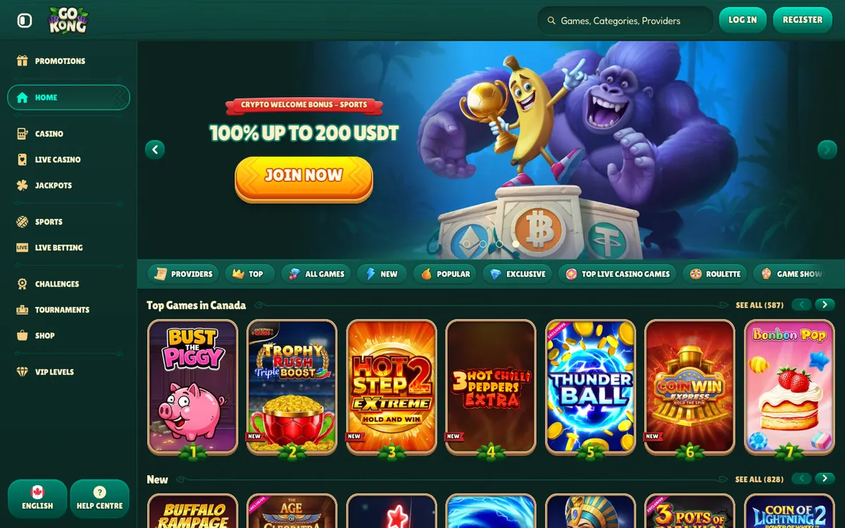 GoKong Casino — Home page, captured from Canada