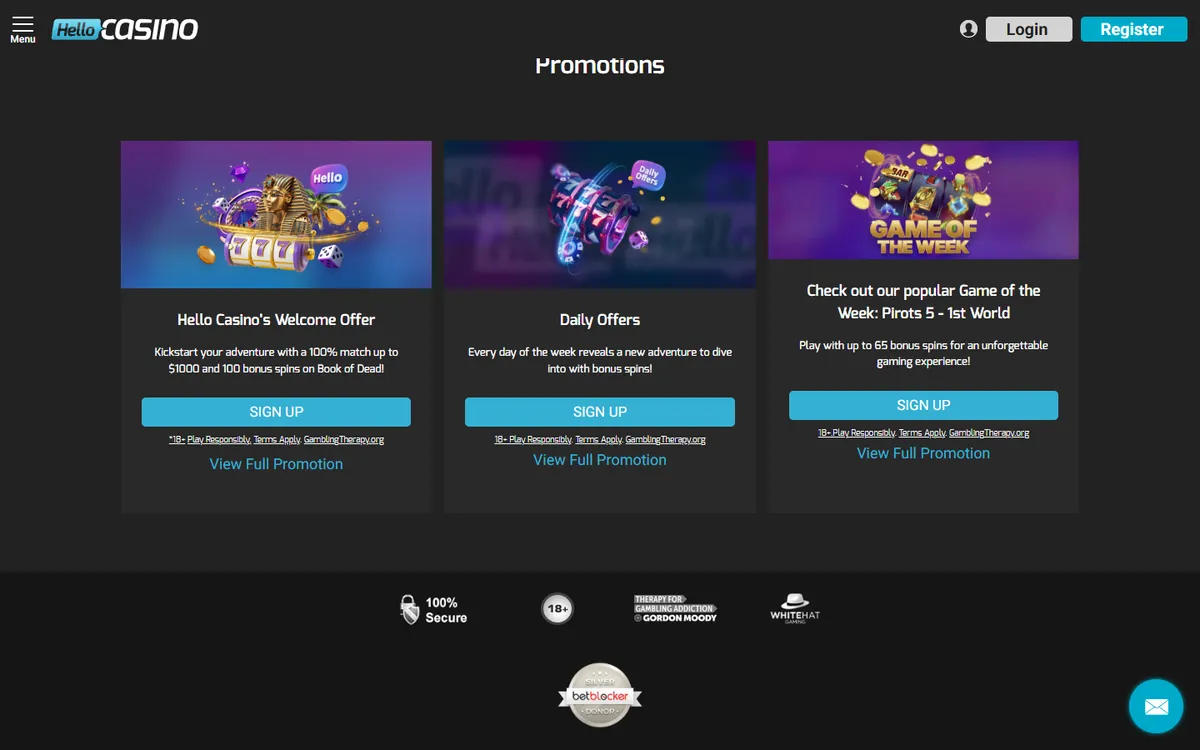 Hello Casino — Promotions, captured from Canada
