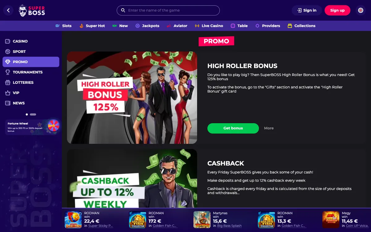 SuperBoss Casino — Promotions, captured from Portugal