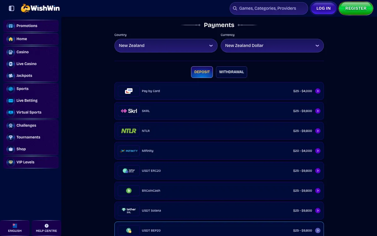 WishWin Casino — «Платежи», снято из страны Новая Зеландия
