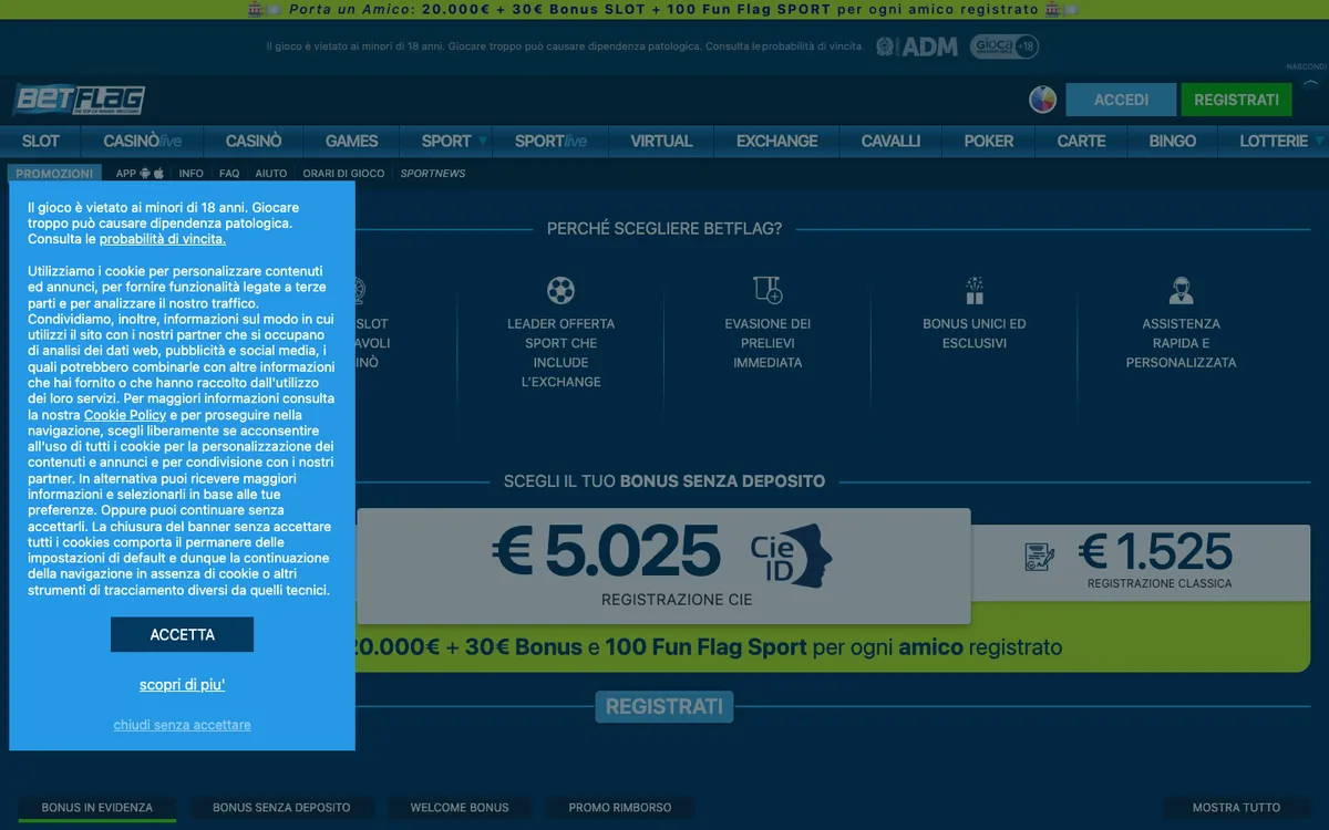BetFlag Casino — Home page, captured from Italy