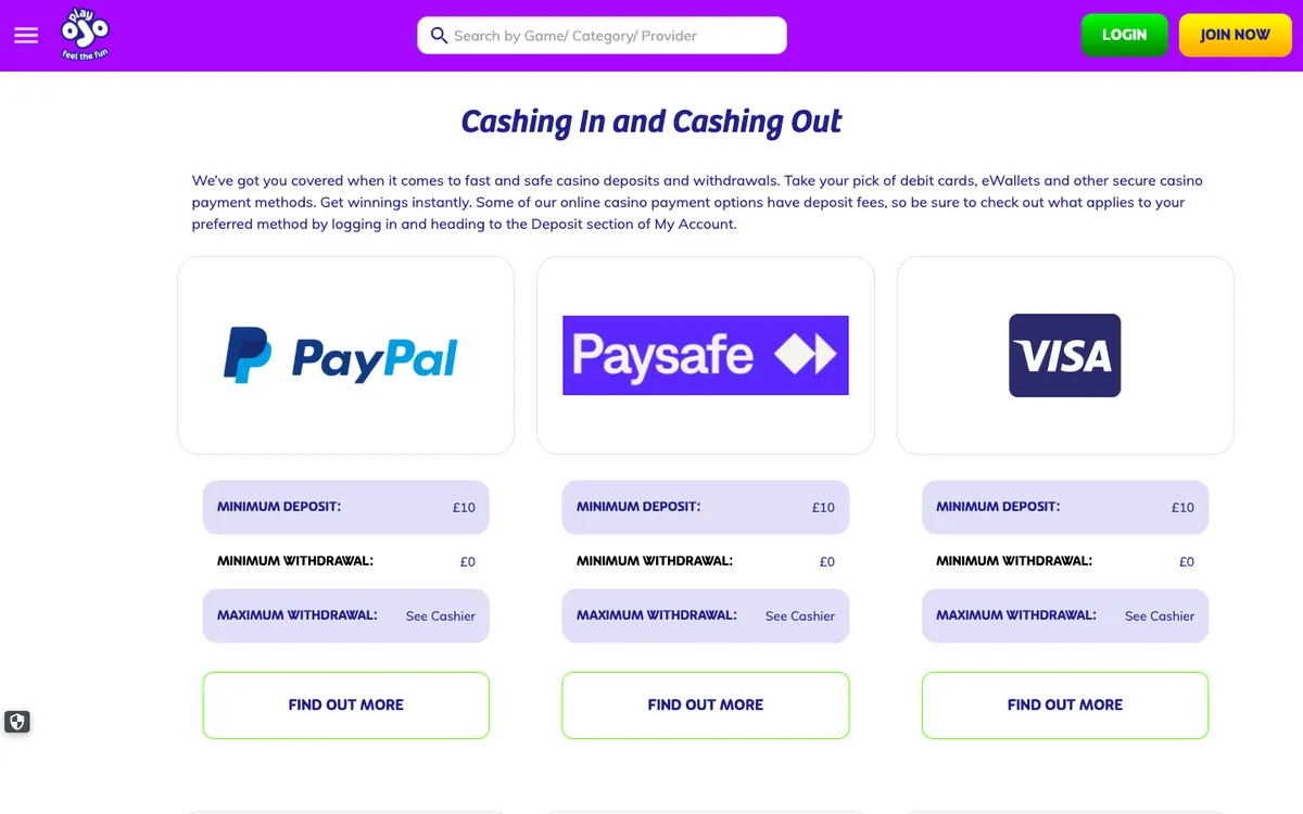 PlayOJO Casino — Payments, captured from United Kingdom