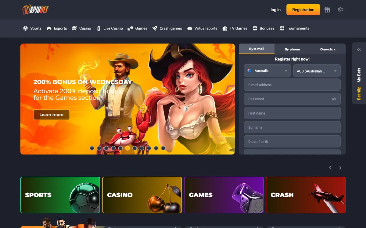 JVSPINBET Casino — Home page, captured from Australia